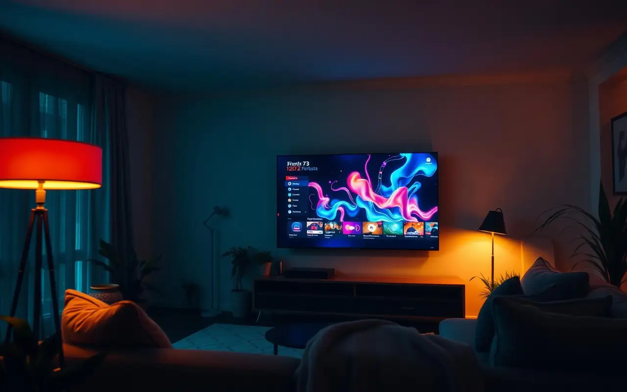 Sala de estar à noite com TV ligada exibindo uma interface de streaming